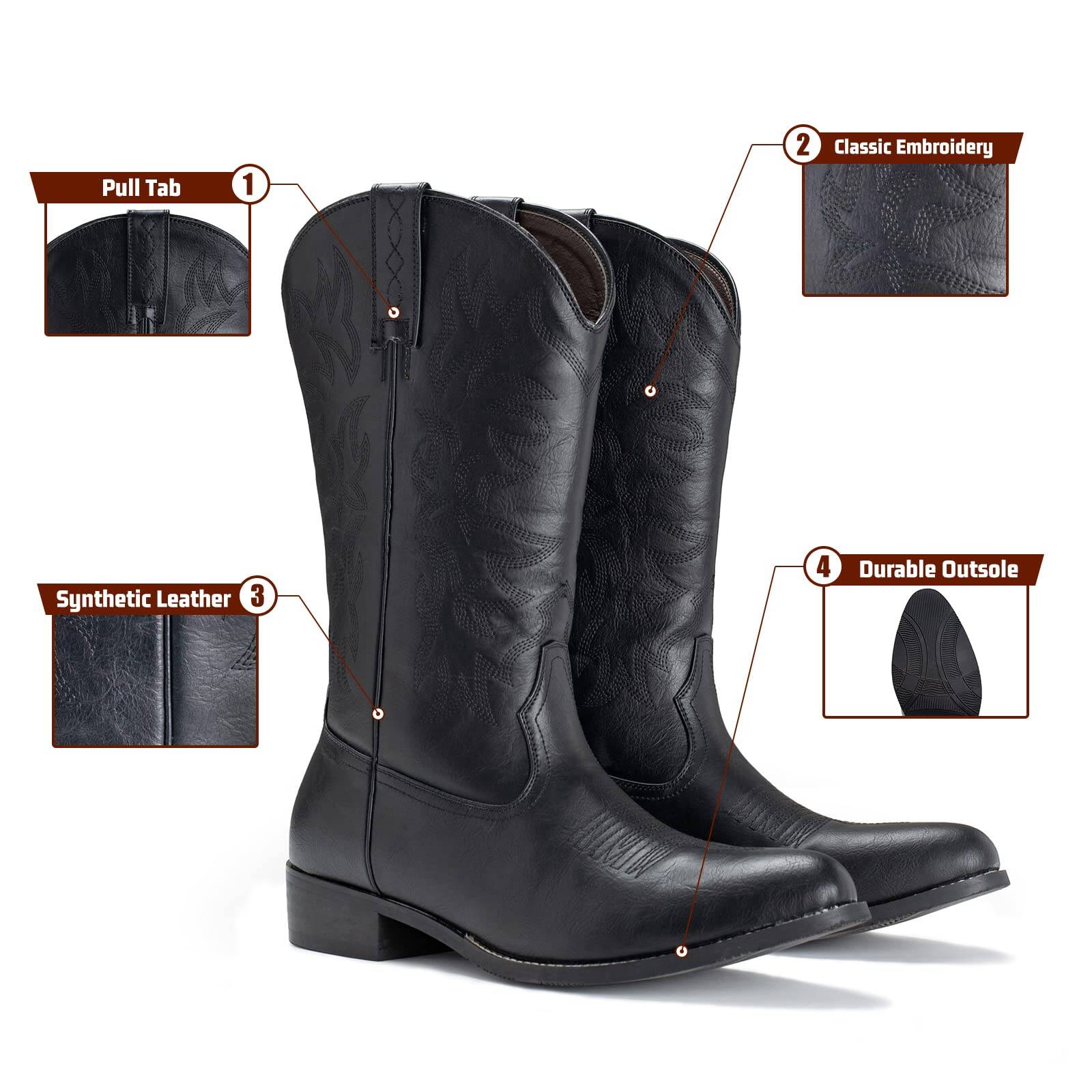 Men’s Western Cowboy Boots – Square Toe, Woven Shaft, Double Side Zipper, Rubber Outsole