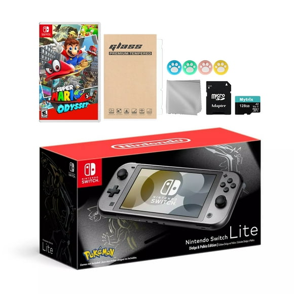 Nintendo Switch Lite Pokemon Dialga & Palkia Limited Edition with Super Mario Odyssey, Mytrix 128GB MicroSD Card and Accessories NS Game Disc Bundle Best Holiday Gift