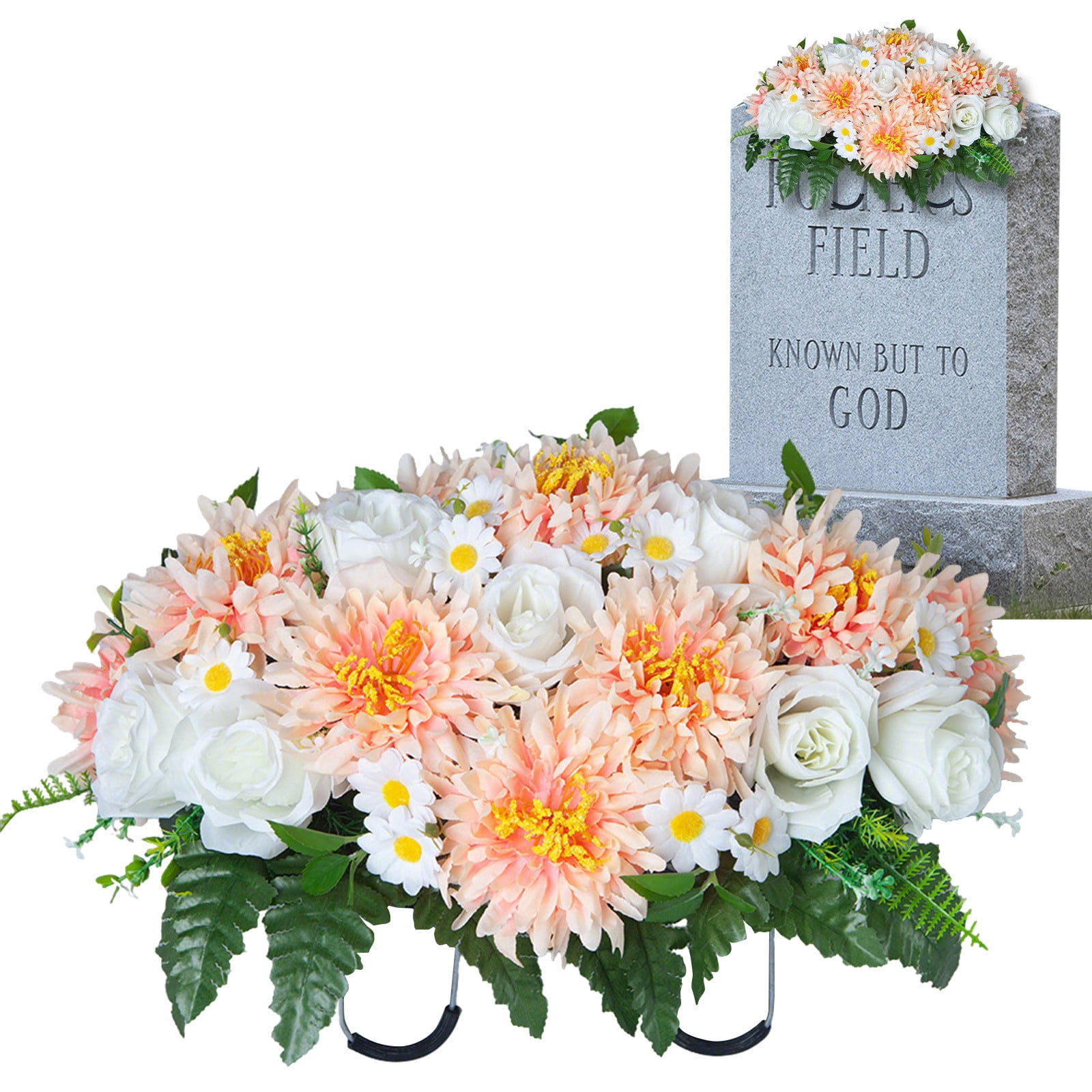 Cemetery Saddle Artificial Flowers, Fake Chrysanthemum Grave Headstone Flowers, Faux Memorial Flowers for Cemetery, Grave Saddle & Memorial Day Decoration