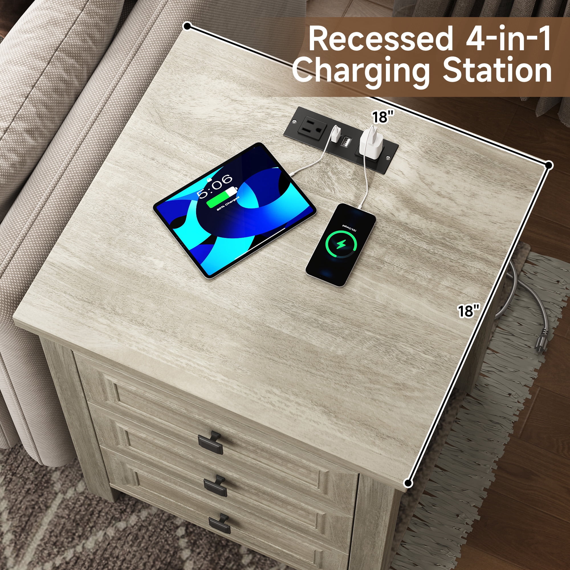 Nightstand Set of 2 Farmhouse Nightstand with 3 Storage Drawer,Bedside Tables with Charging Station,End Table for Bedroom Modern Wood Side Table Living Room,Gray