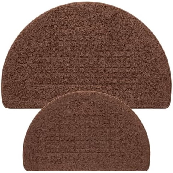2 Pcs Kitchen Rugs 15 x 22 Inches 18 x 30 Inches Kitchen Mats Non Skid Washable Doormat Indoor Entrance Absorbent Standing Half Circle Carpet for Home Floor Patio Garage Door(Brown)