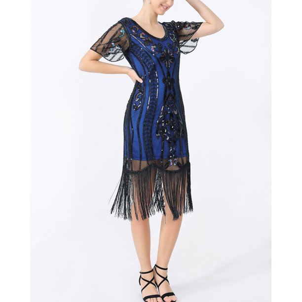 1920s style party dress Queendancer Women Sequins Black Golden Fringed Gatsby 1920s Flapper Dress  V-Neck Roaring 20s Party Dress  queendancer