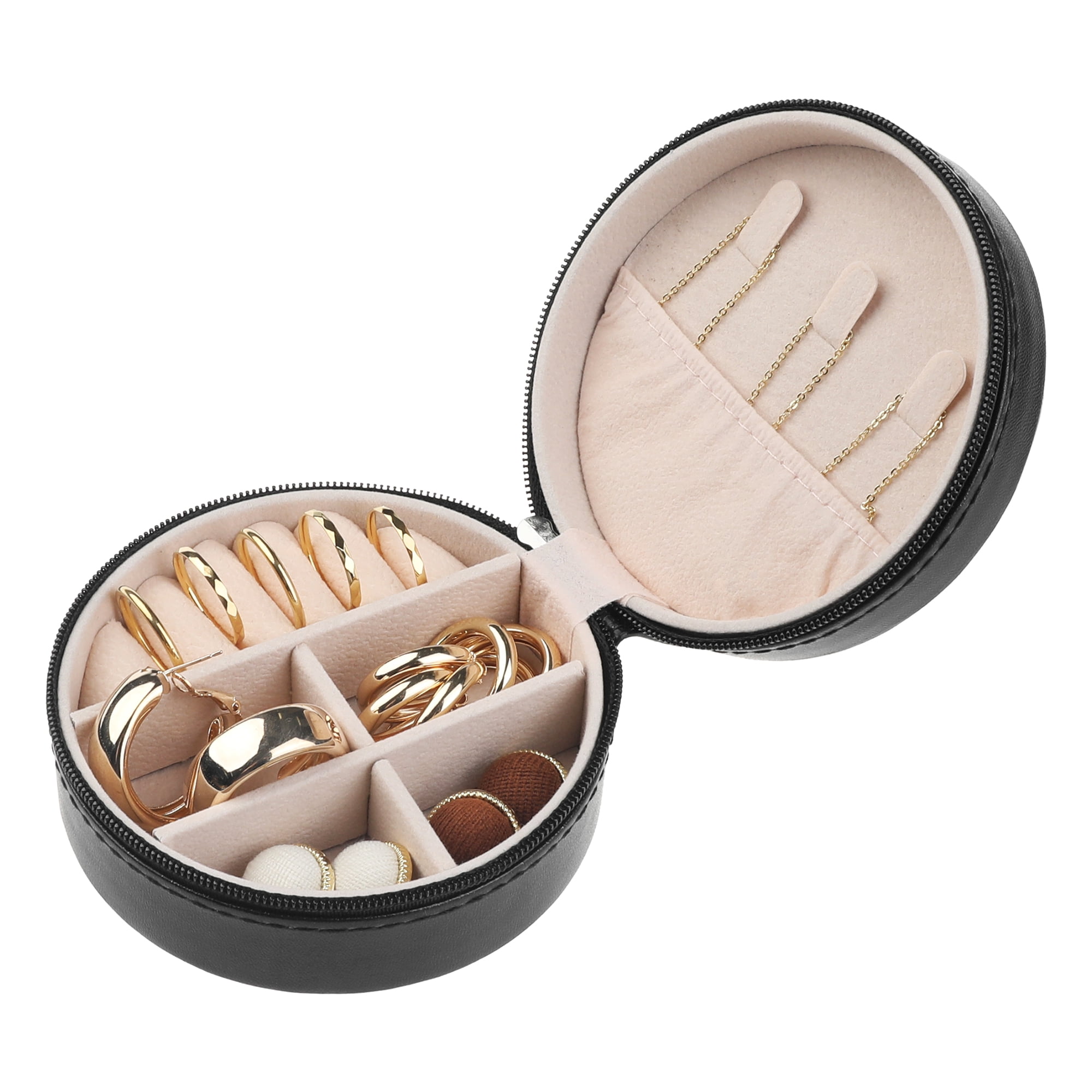 Unique Bargains Travel Jewelry Box Small Round Portable PU Leather Jewelry Organizer Case Black
