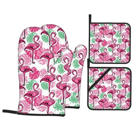 

Oven Mitts and Pot Holders 4 pcs Set flamingo AA Heat Resistant Pot Holders Oven Mitts for kitchen Non-Slip Hanging Loop Oven Glove Potholders for Baking Cooking