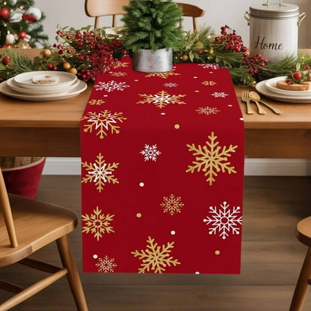 Christmas Gold Cotton Linen Table Runner and White Snowflake Red Dining Table Runners for Home Decor Party Dining Room Restaurant Kitchen Party 13 x 120
