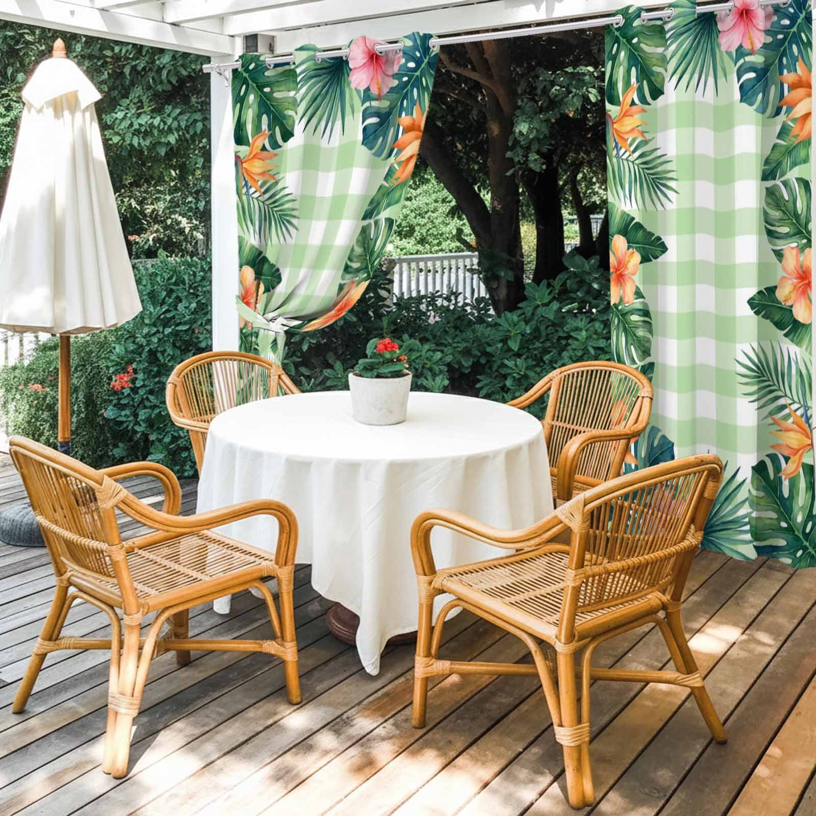 Summer Tropical Leaf Outdoor Curtains for Patio, Country Forest Green Leaf Pink Flower Green Plaid Sunshade Privacy Drapes Grommet Waterproof Outside Curtains for Porch Balcony 54"x108", 1 Panel