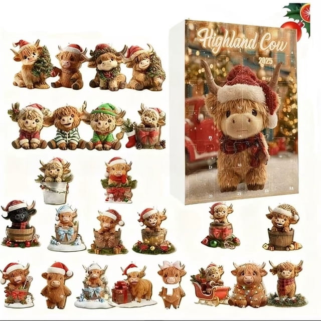 Calendario de Adviento Vaca de Las Tierras Altas 2025 | Material Acrílico | Diseño Festivo y Original | Ideal para Regalar En Navidad | Decoración Navideña Interactiva | 1 Calendario de Adviento