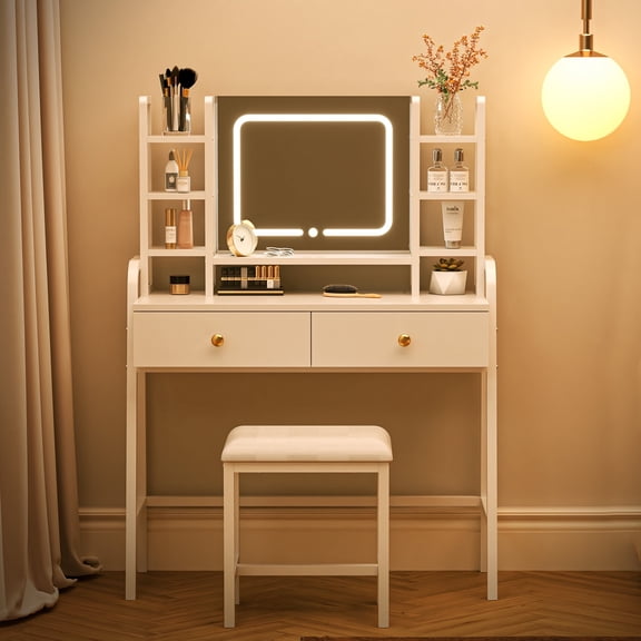 Eunon Vanity Desk with LED Lighted Mirror & Power Outlet, Makeup Table with Drawers & Adjustable Cabinet,Storage Stool,for Bedroom, Dressing Room,White