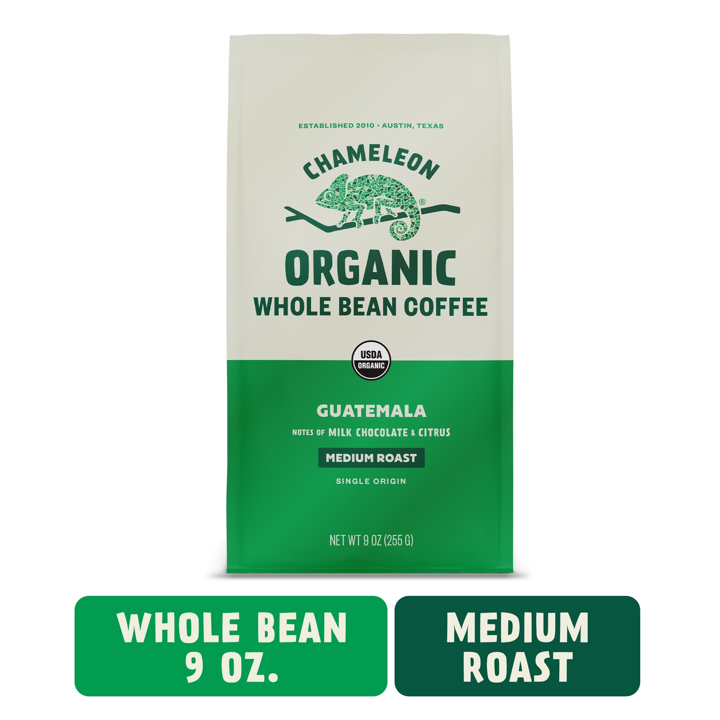 Chameleon Organic Coffee Guatemala, Medium Roast, Whole Bean Coffee, 9 oz bag