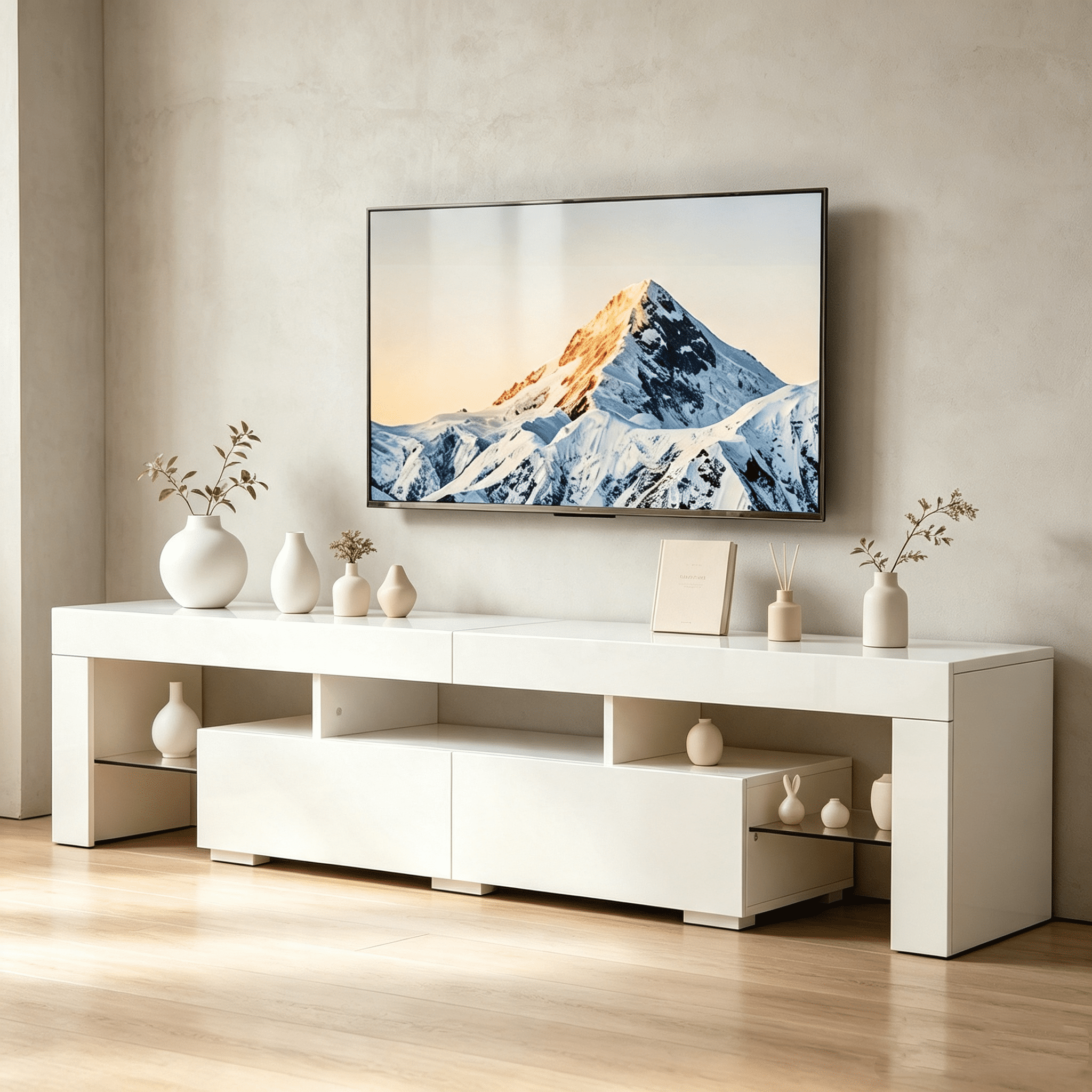 TV Stand with RGB LED Lights, MDF Entertainment Center with 2 Drawers & Tempered Glass Shelves, Modern Media Console Table for TVs Up to 70 Inches, White High Gloss 61.4x13.8x15.7 Inches