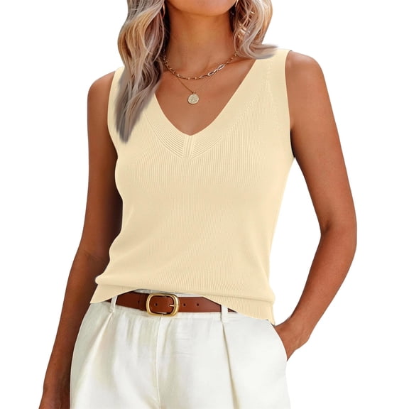 WULMLEO Women's V-Neck Sleeveless Stretch Pullover Premium Sweater Vest Top Beige L