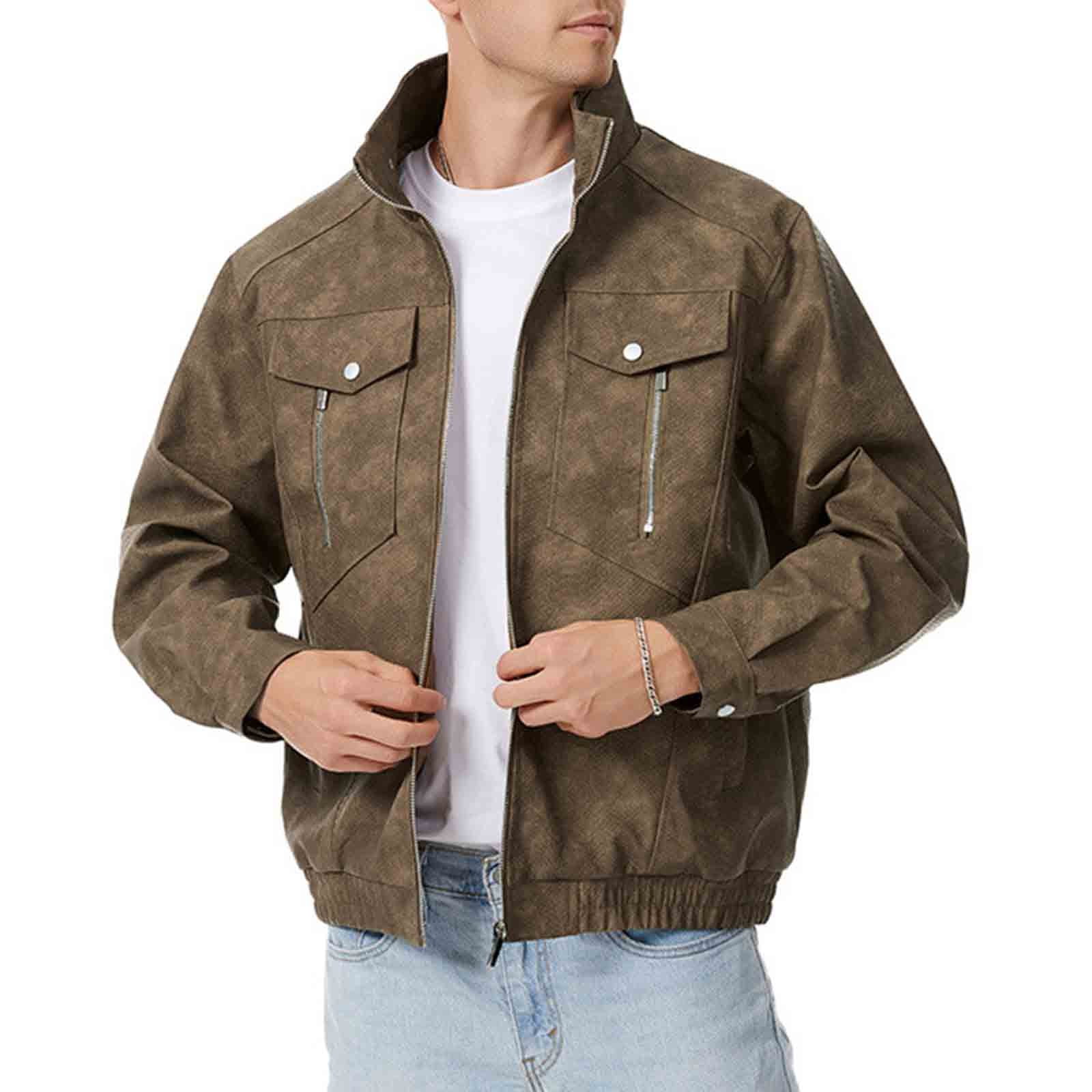 Abomasnow Men's Big & Tall Faux Leather Denim Jacket Vintage Zip Up Turtleneck Jean Jacket with Multiple Pockets M-4XL