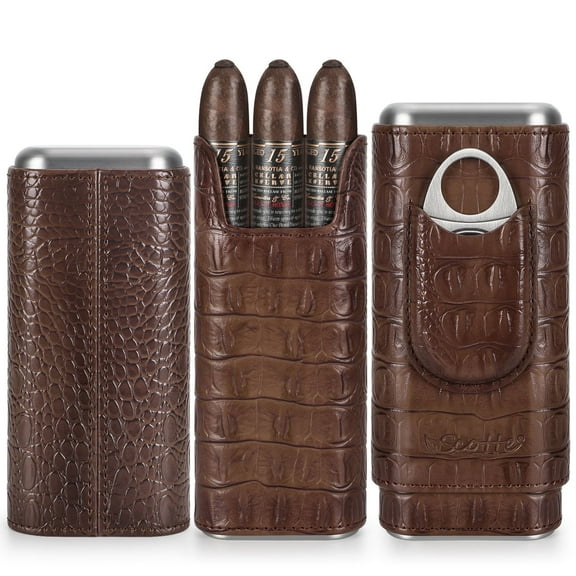 Leather Cigar Case Travel Case Cedar Wood Lined Portable Cigar Humidor Box with Cigar Cutter Elegant Cigar Box Great Cigar Accessories for Men with Gift Box