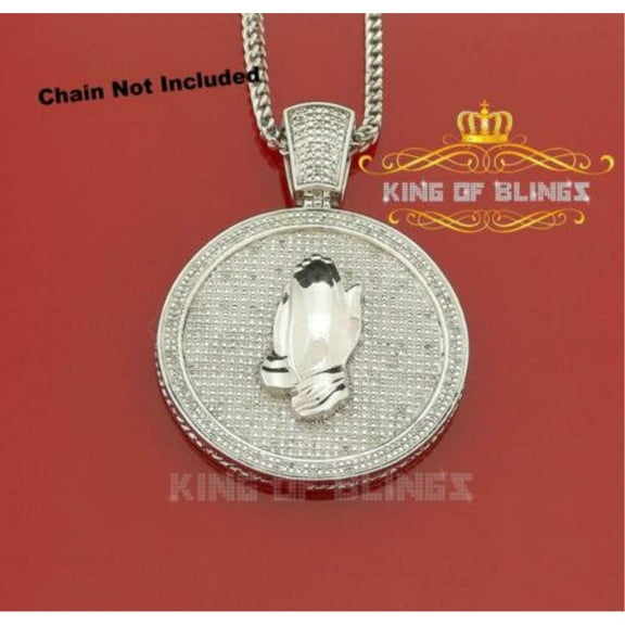King of Bling's Real 0.50ct Diamond Sterling Silver PRAYING HANDS CIRCLE Necklace Pendant White