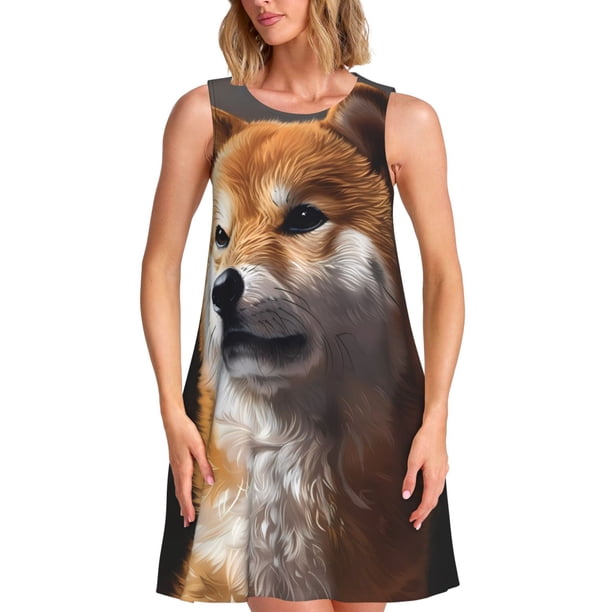 Easygdp Regal Shiba Inu para Vestido Transpirable de Mujer, Vestido Suelto de Manga Corta con Pliegues y Bolsillos para el Verano