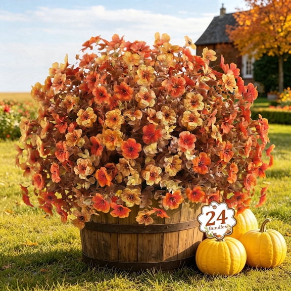 AcerichFad Artificial Fall Flowers Outdoors, 24 Bundles Autumn Faux Silk Flowers Fake Plants for Indoor Outside Yard Garden Porch Patio Autumn Thanksgiving Home Decor, Orange Yellow