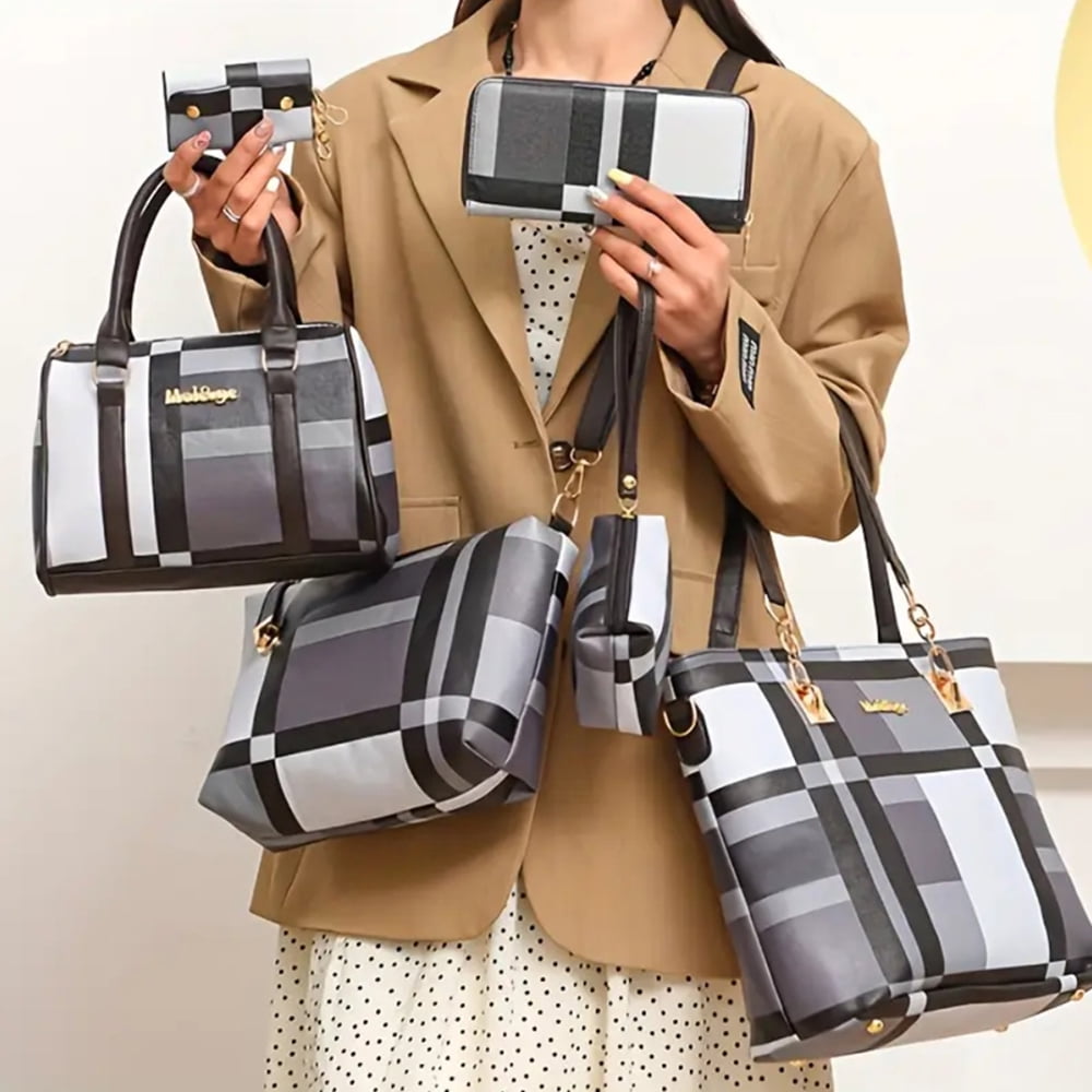 6PCS/Set Leather Handbags, Womens Handbags Tote Bags Shoulder Bag Purses Satchel Bag Top-Handle Handbag Crossbody Bag Wallet Clutch, Gray