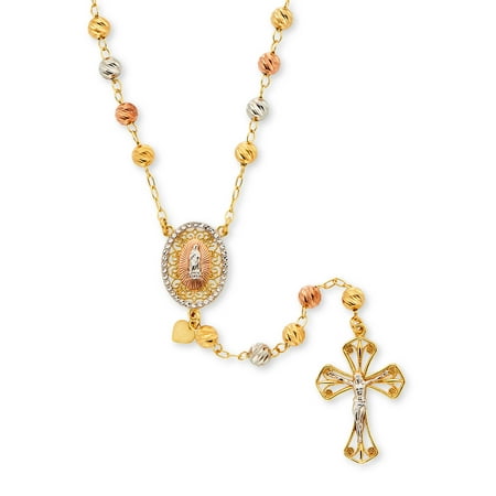 14K Gold Plated Sterling Silver Tricolor Bar Cut Beads Rosary Necklace 26"
