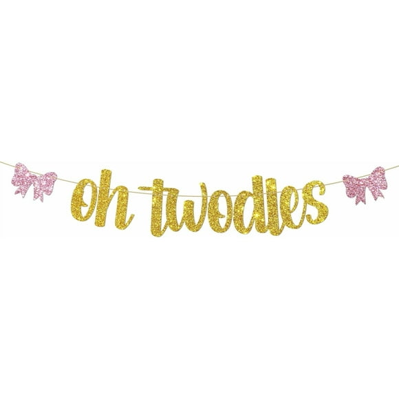 Oh Twodles Banner, Happy 2nd Birthday Party Hanging Decor for Boys Girls, Oh Twodles Birthday party supplies Pink bow decoration, Gold Glitter
