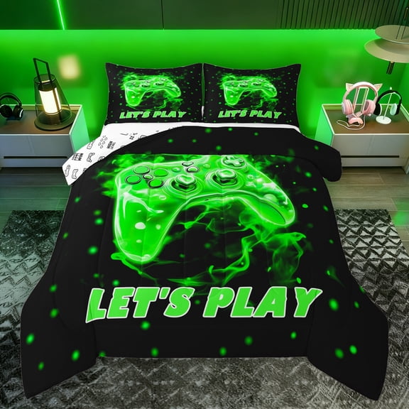 Manfei Kids Gamepad Controller Bedding Comforter Set,Console Video Game Twin Comforter Sets,Green Polka Dots Bedding Set For Boys,Luxury Bedroom Decor Reversible,2-Piece