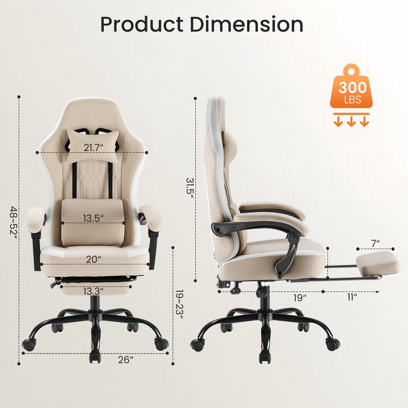 Kelno Ergonomic Gaming Chair with Footrest Lumbar Support Adjustable High Back Swivel Office Chair, Khaki