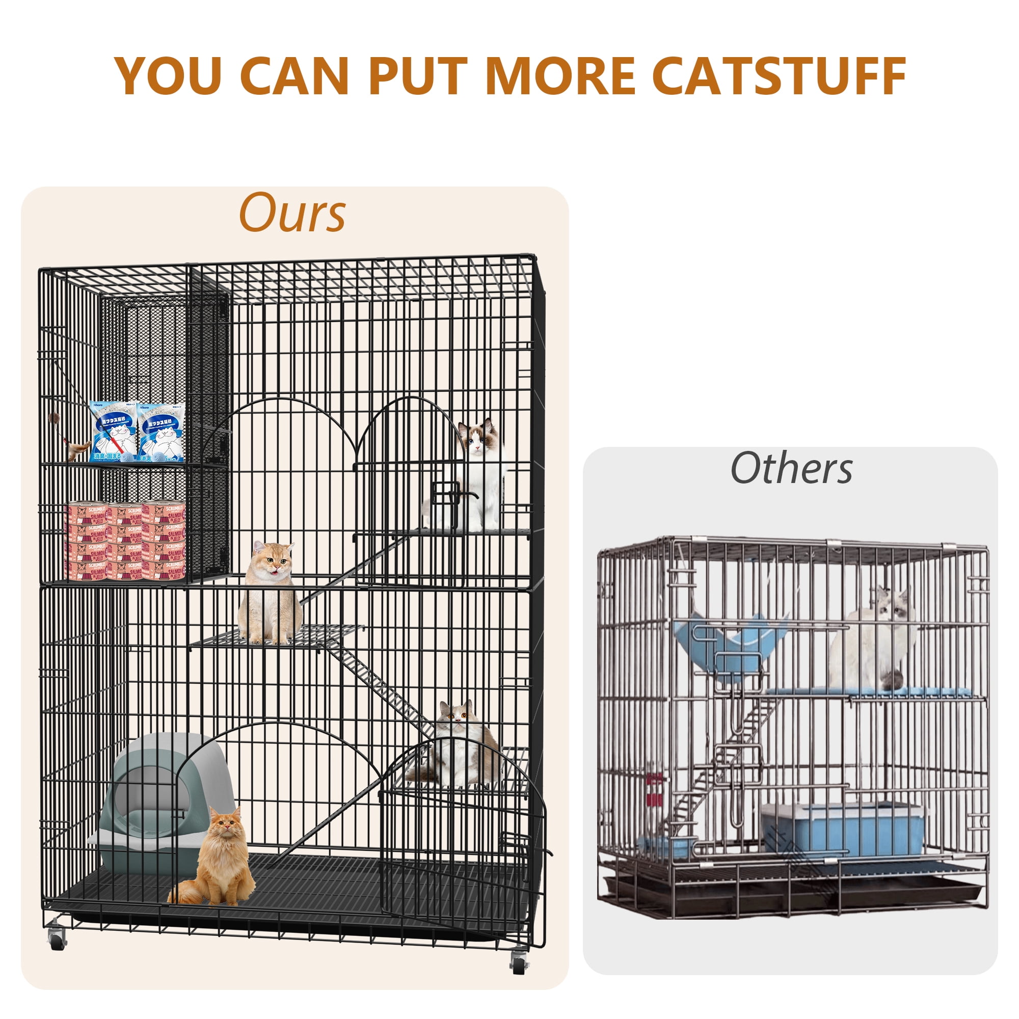 SQIREP Collapsible Cat Cage with Storage Cube Indoor Catio Cat Enclosures Metal Cat Playpen with Large Hammock for 1-4 Cats 4 Tiers Cat Kennel