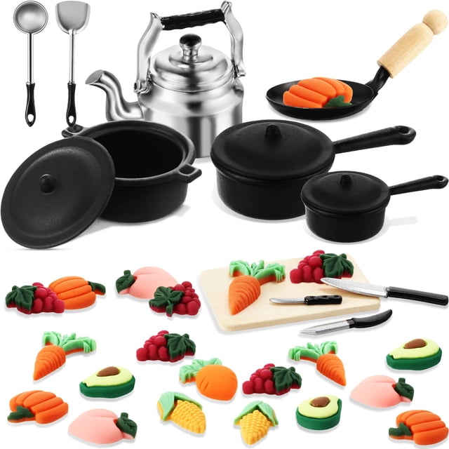 Juego de Cocina en Miniatura para Casa de Muñecas Gejoy con 34 Piezas de Utensilios de Metal y Alimentos