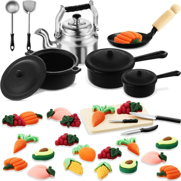 Juego de Cocina en Miniatura para Casa de Muñecas Gejoy con 34 Piezas de Utensilios de Metal y Alimentos