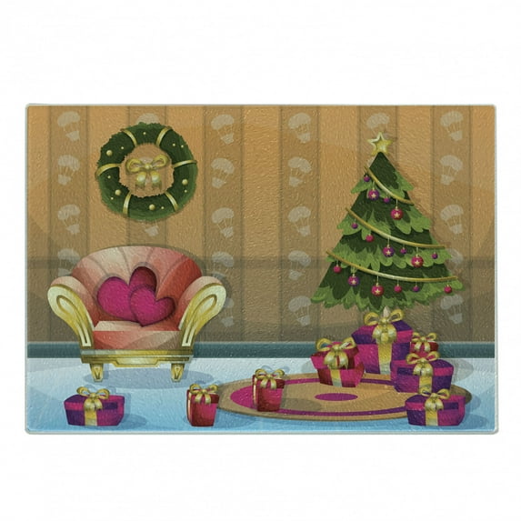 Christmas Cutting Board, Happy Noel Themed Cartoon of Room with Seat Flourish Tree and Gift Boxes, Decorative Tempered Glass Cutting and Serving Board, in 3 Sizes, by Ambesonne