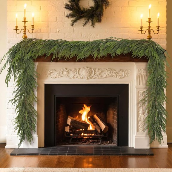 Guvpev 9FT Real Touch Norfolk Pine Garland - 2Pcs Artificial Christmas Garland Fake Green Faux Pine Needles Garland for Table Fireplace Mantel Holiday Home Indoor Outdoor Christmas Decorations