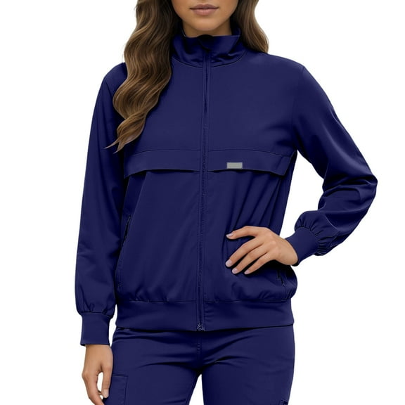 FYDUU Scrub Jackets For Woman Zip Front Stand Collar Nurse Jacket Solid Color Long Sleeve Scrub Coats With Pockets Workwear Casual Down Jackets