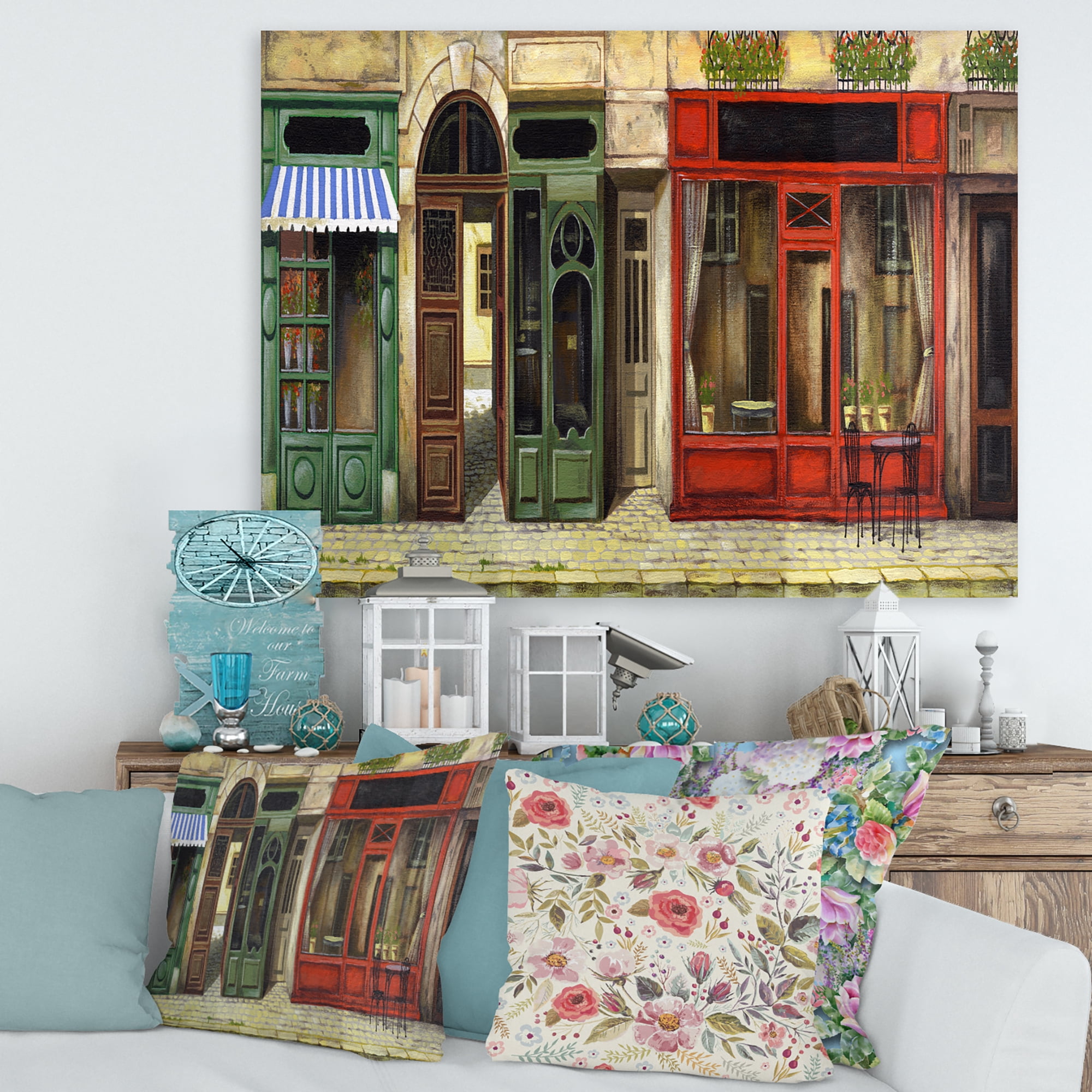 Designart ' Red Facade of Charming Shop In Paris Street II ' French Country Canvas Wall Art Print