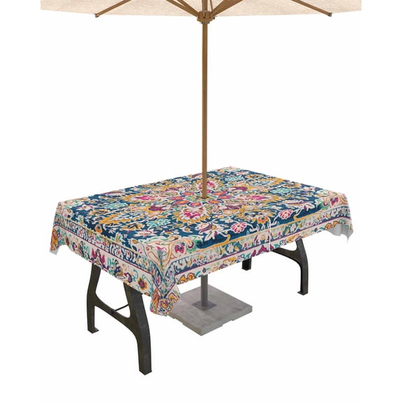 Fsddascl Colorful Boho Outdoor Tablecloth - 54x80 Inch Rectangle Dining Table Cover, Ethnic Vintage Mexican Flowers Southwestern Waterproof Outdoor Table Cloth with Umbrella Hole & Zipper for Patio
