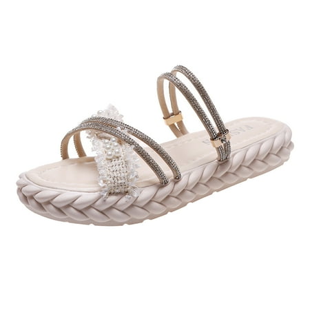 

uikmnh Women Slippers Women Slippers Thick Sole Round Toe Beach Slippers Thick Sole Bead Sandals And Slippers Women s Foreign Trade Beach Slippers Sandals Beige 6.5