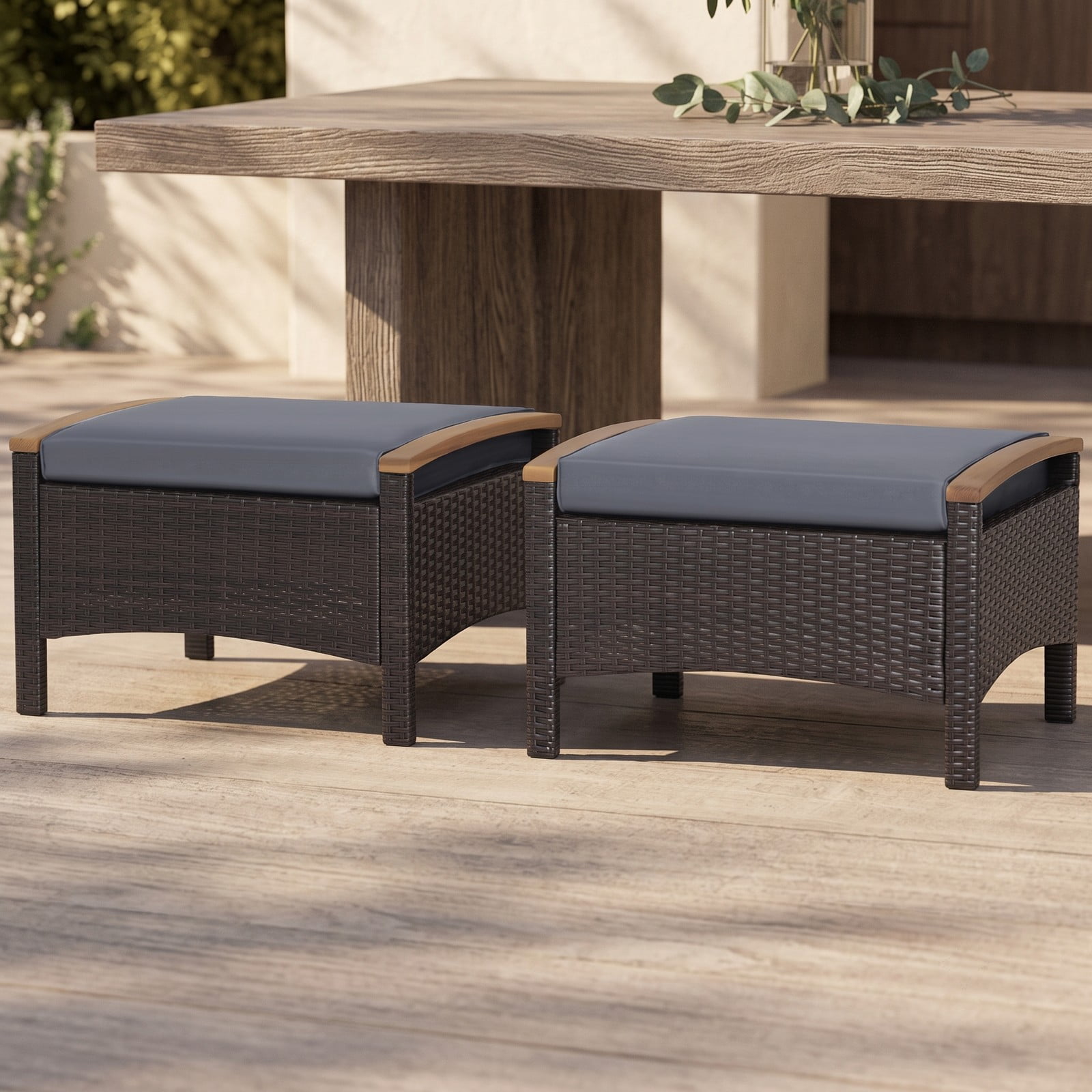 Furnibear Set of 2 Fade-Resistant PE Wicker Patio Ottomans with Cushions and Wood Handles for Outdoor Foot Rest and Extra Seating, Gray