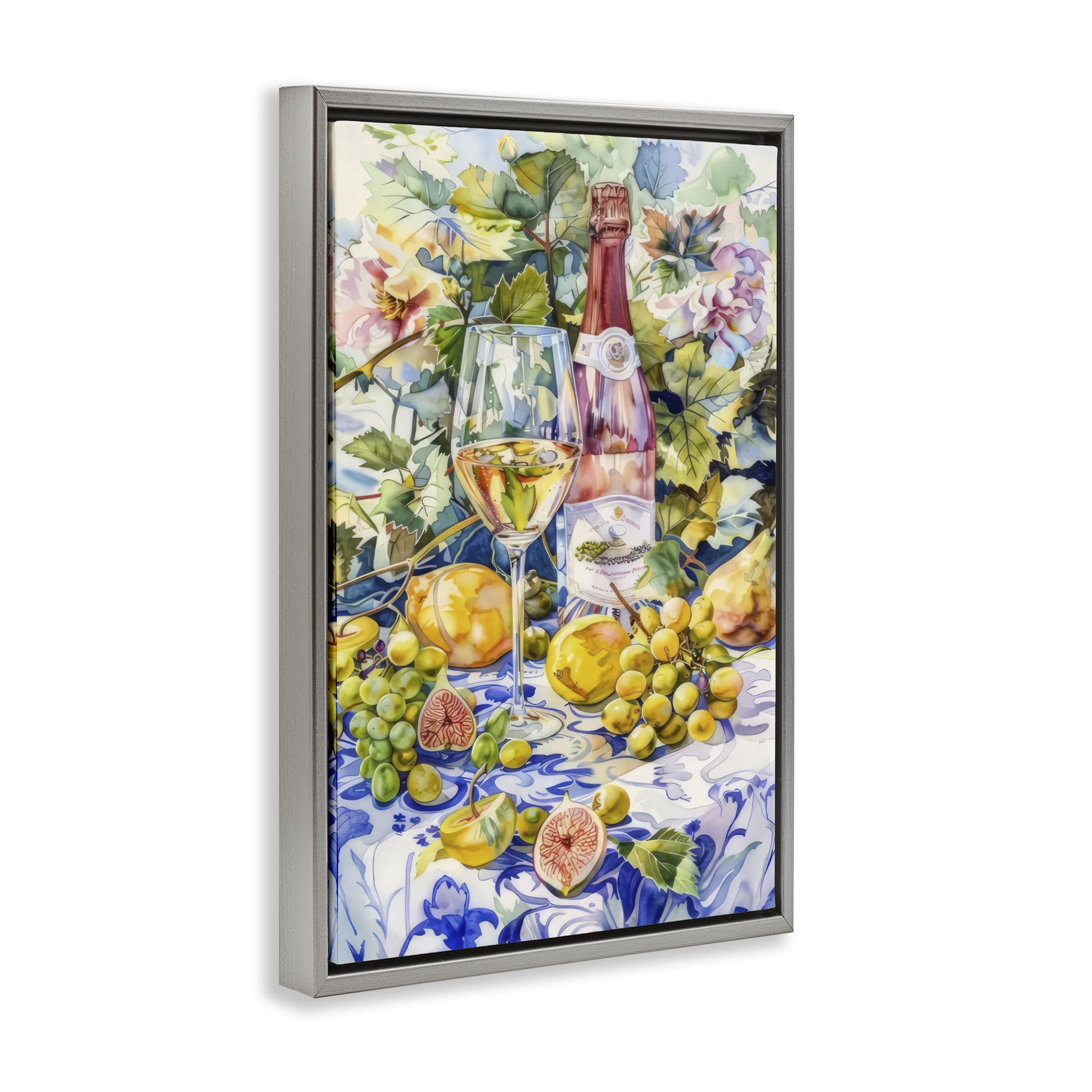 Stupell Industries Grape Vines Wine Glass Food & Beverage Painting Gray Floater Framed Canvas Art Print Wall Art, 17 x 25