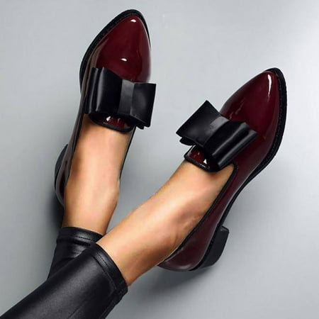 

Spring Flats Women Shoes Bowtie Loafers Patent Leather Women s Low Heels Slip On Footwear Female Pointed Toe Thick Heel