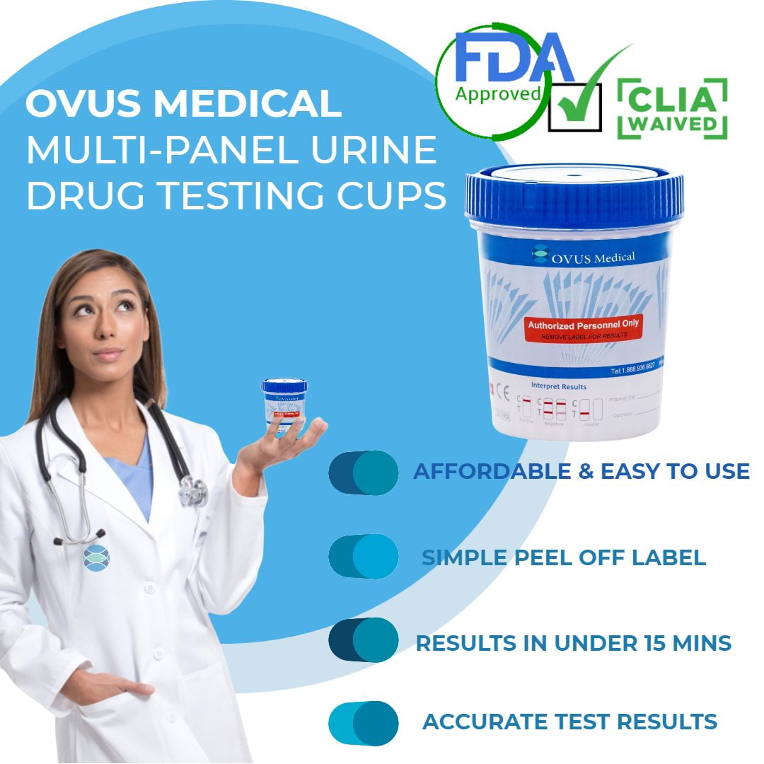 6 Panel Urine Drug Testing Cups w/THC (25 Cups) Clia Waived Ovus