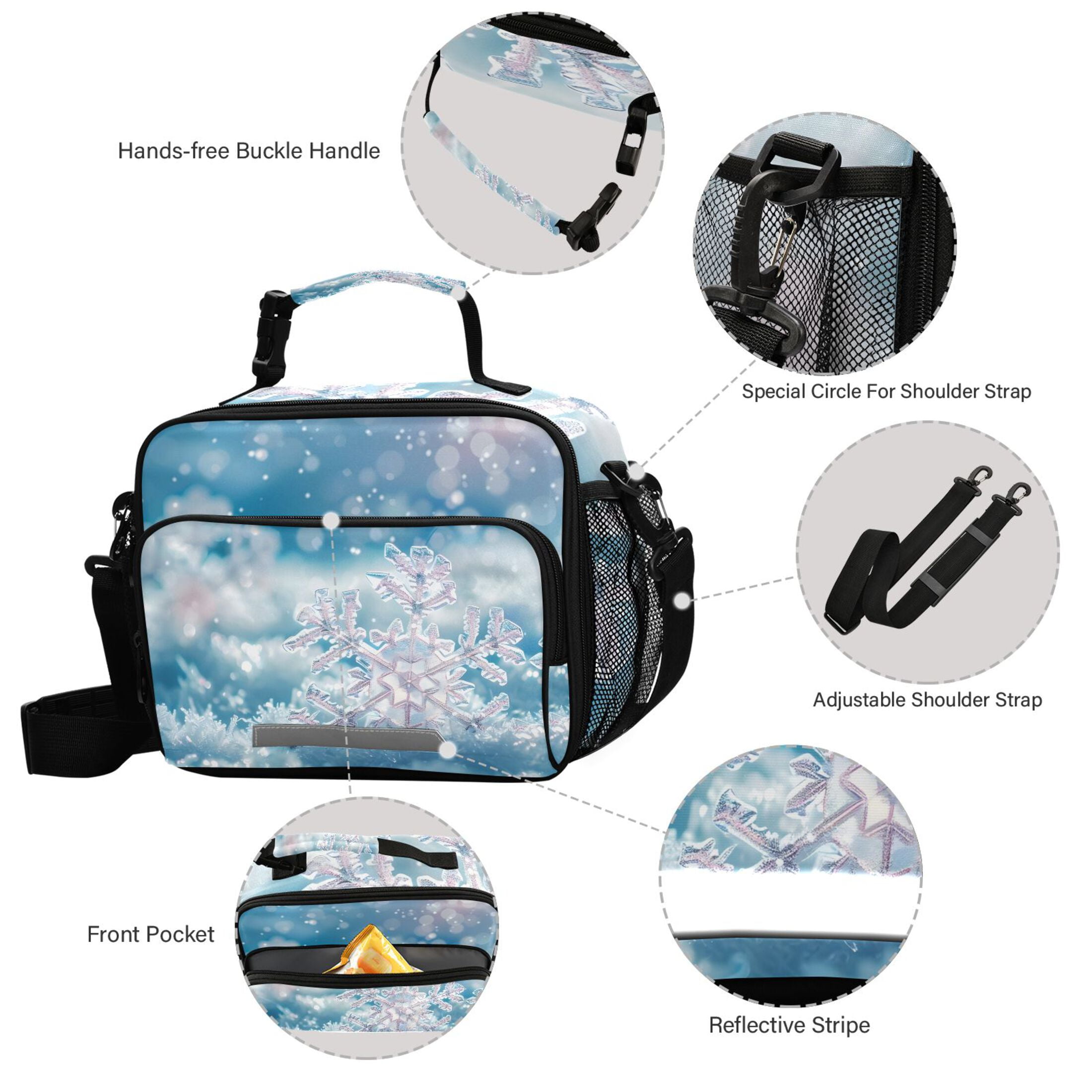 ALAZA Snowflakes Christmas Lunch Box Insulated Cooler Bag Reusable Tote Bags Shoulder Strap