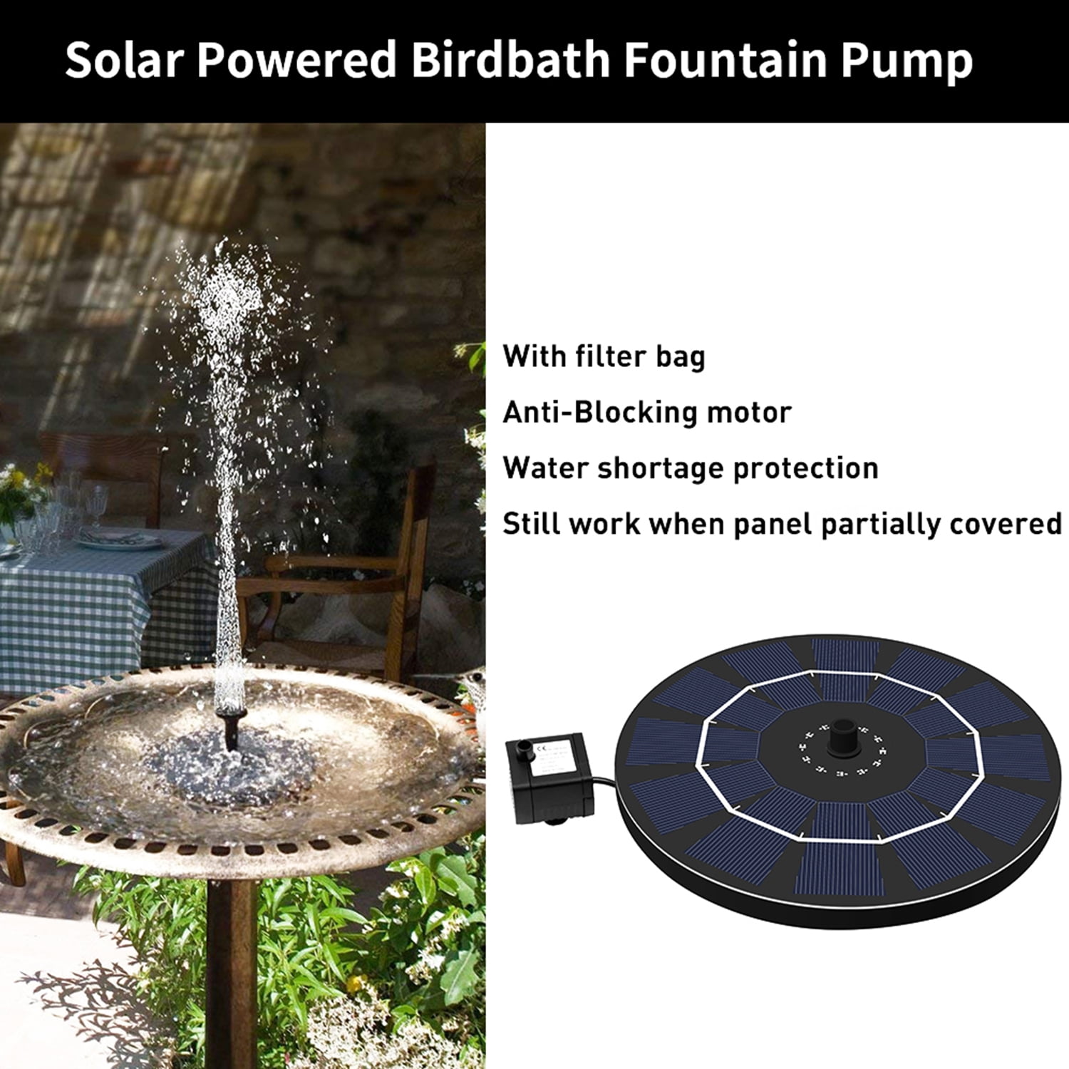 Solar power Birdbath Fountain Pump With Battery Backup 2.5W Brushless