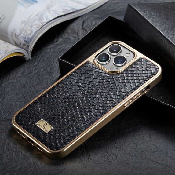 Allytech Stylish Case Snakeskin Pattern PU Leather Case with Snakeskin Pattern Gold Plating Bumper Ultra Slim Case For iPhone 13 Pro Max,Black