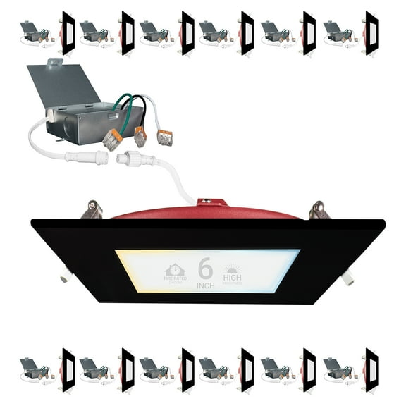 NuWatt 6 Inch 2 HR FIRE Rated LED Recessed Light 5CCT Selectable, Dimmable,Square Black Trim 12 Pack