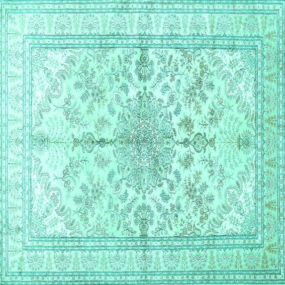 Ahgly Company Machine Washable Indoor Square Medallion Turquoise Blue Traditional Area Rugs, 7' Square