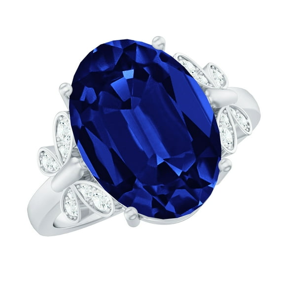 Rosec Jewels Oval Created Blue Sapphire Solitaire Ring with Diamond for Women - 10X14 mm, 925 Sterling Silver, US 4.00