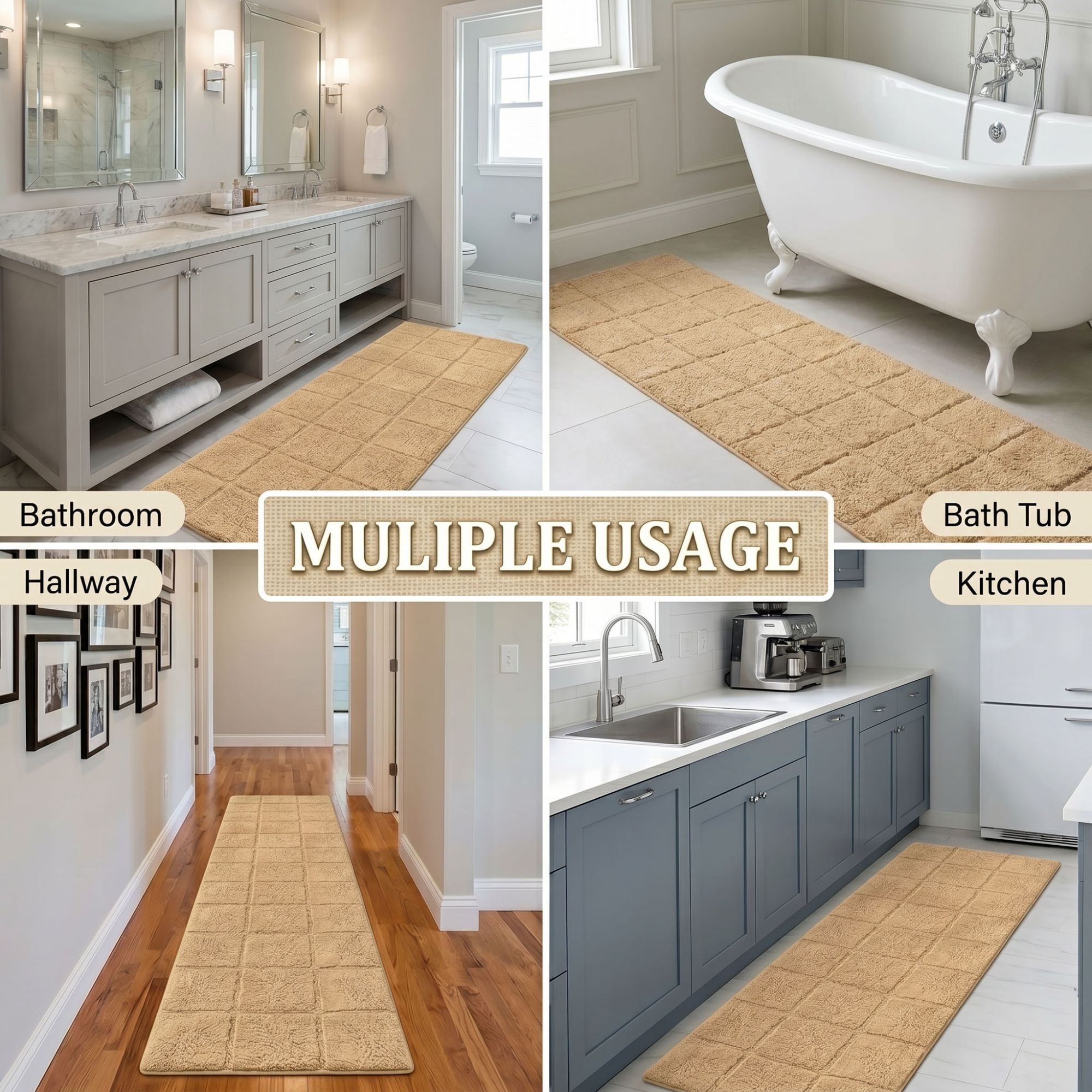 Superior Checkered Non-Slip Cotton 3-Piece Bath Rug Set with Runner, Taupe
