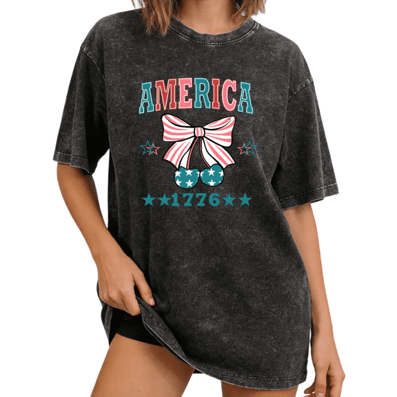Cozymy Women's 1776 Patriotic America Vintage Washed T-Shirt Print Tshirt Graphic Tees Shirts Short Sleeve Crewneck Distressed Relaxed Fit Independence Day Americana Tops