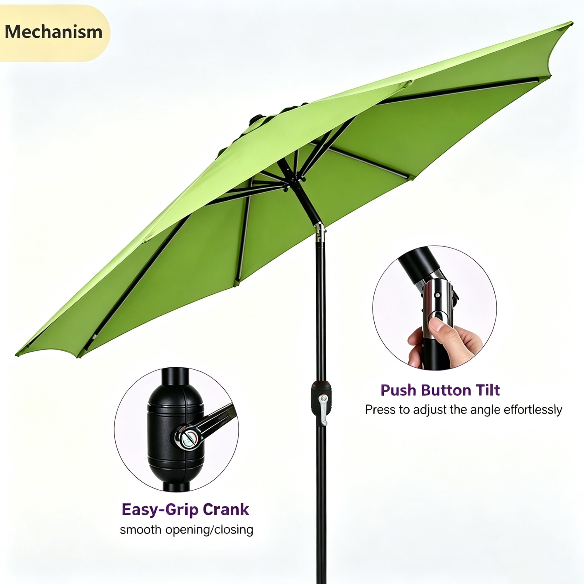 Kool 9 ft Outdoor Patio Market Umbrella with Push Button Tilt and Crank Handle, 8 Steel Ribs, Green