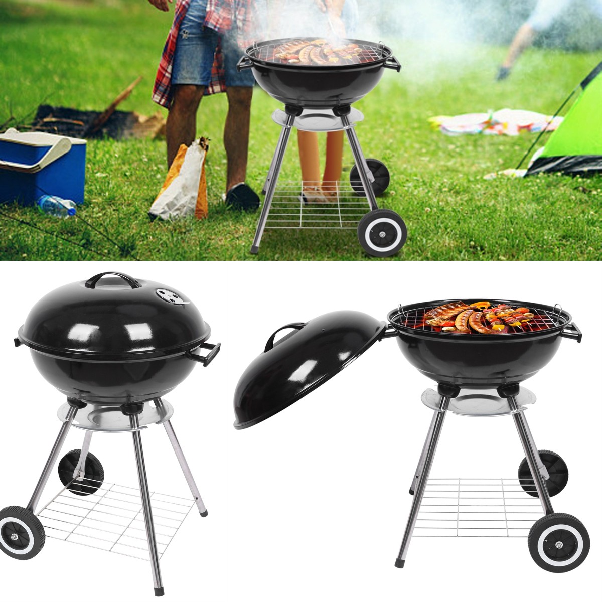 Goorabbit Portable Charcoal Barbecue Grill, 18" Portable BBQ Charcoal Grill with Bottom Shelf, Cooking Grate Grill w/ Metal Grate, Outdoor Charcoal Grill with 2 wheels for Patio, Picnic,Black - image 1 of 14