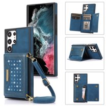 Feishell Crossbody Wallet Women Case for Samsung S22 Ultra, Credit Card Holder Phone Case with Strap,PU Leather Purse with Lanyard Bling Flip Cover for Samsung Galaxy S22 Ultra, Blue