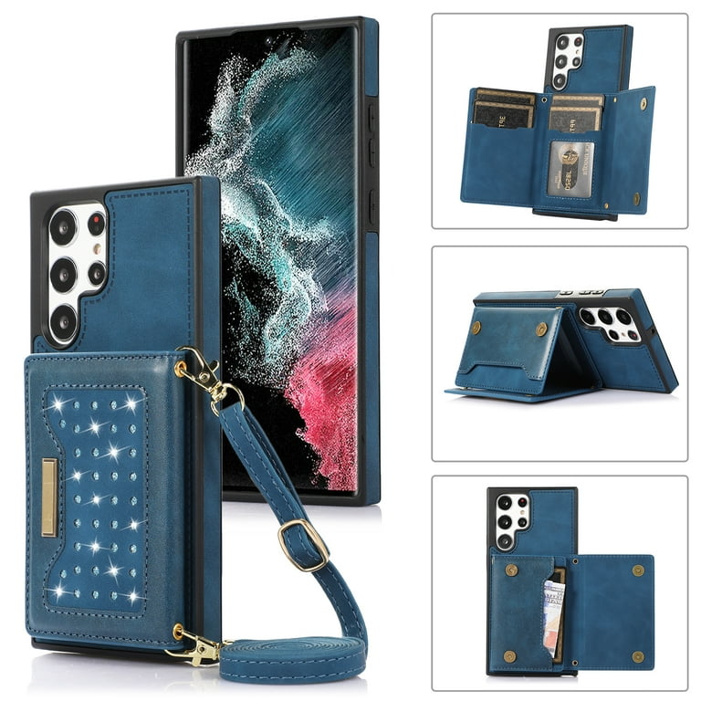 Feishell Crossbody Wallet Women Case for Samsung S22 Ultra, Credit Card Holder Phone Case with Strap,PU Leather Purse with Lanyard Bling Flip Cover